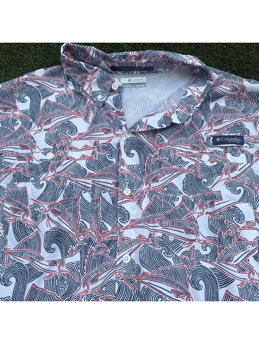 Columbia PFG Super Tamiami Shirt Mens XXL Marlin Fish Red White Blue Vented